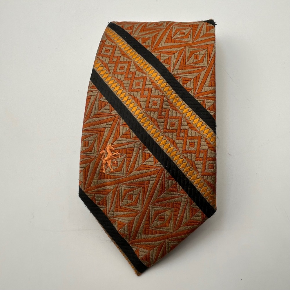 Bronzini Necktie Mens OS Orange Geometric Striped Unicorn Vintage 70s Dapper